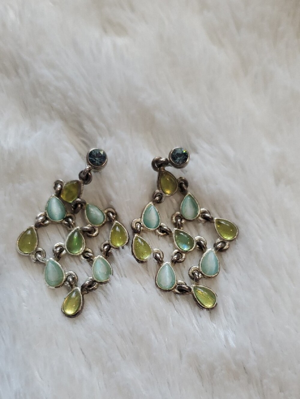 Teardrop Cluster Dangle Earrings in Light Blue and Lime